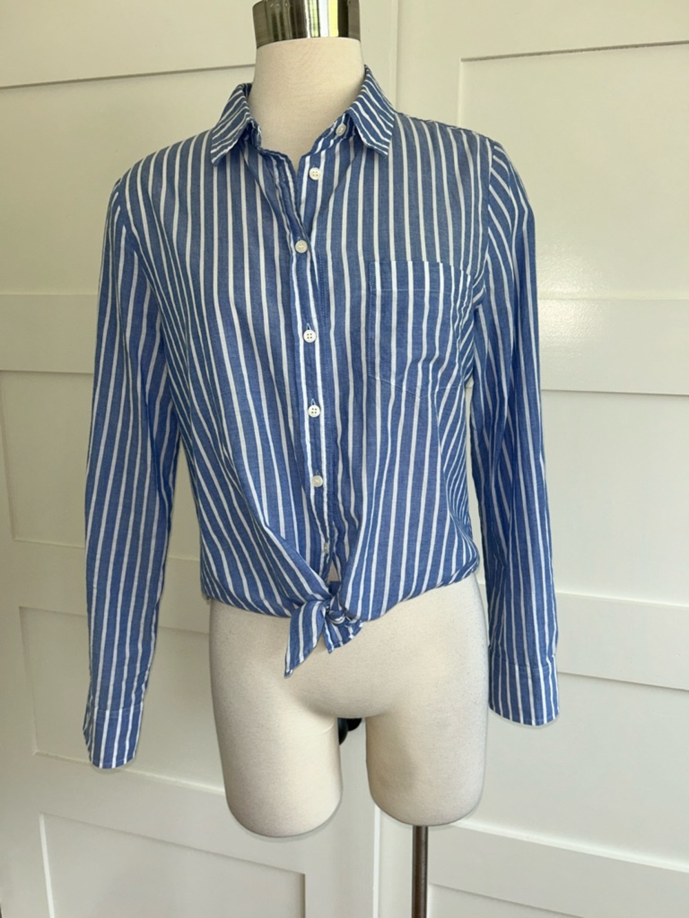J. Crew Blue and White Striped Tie-Front Button-Down Shirt
